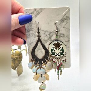 "5/$25" Mismatched Ethnic Dragon Lizard Brass Shell Bead Dangle Earrings